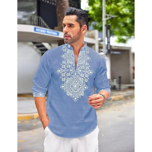 Men's Blue Shirt Long Sleeve Floral Print Casual Cotton Beach Hippie T Shirt - Picture 4 of 7